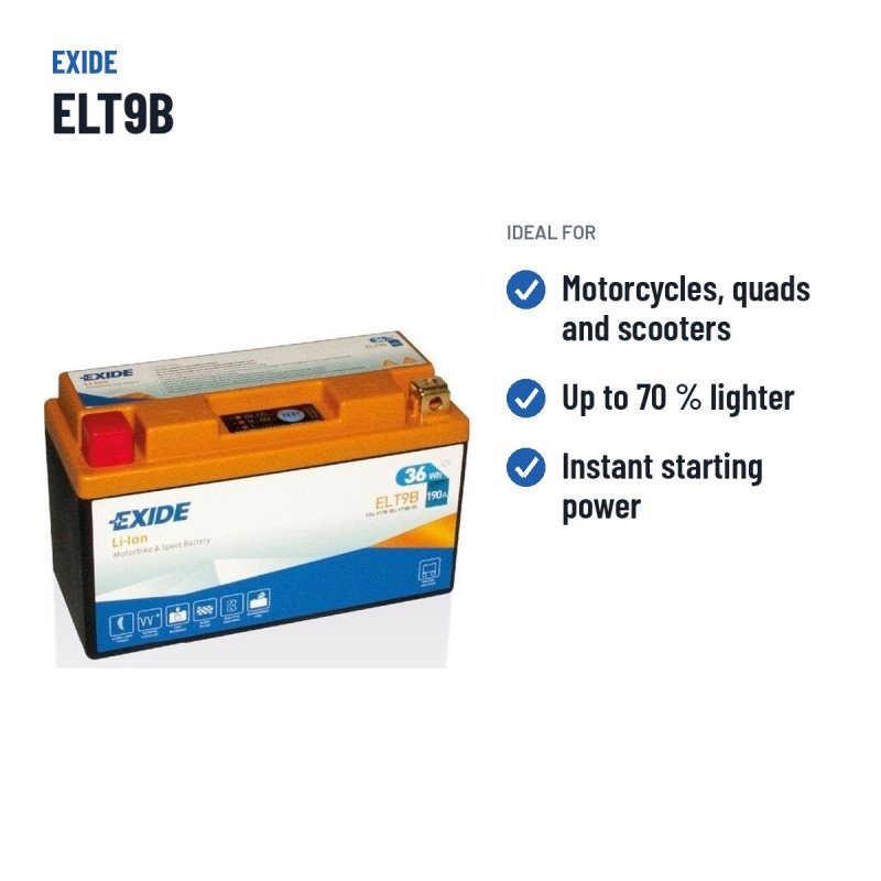 Batería de moto Exide ELT9B 12V 3Ah 190A Li-Ion | baterias.com
