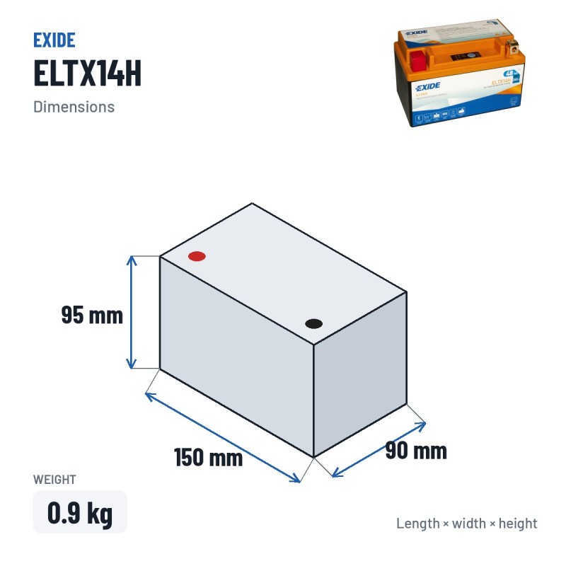 Motorcycle battery Exide ELTX14H 12V 4Ah 240A Li-Ion – dimensions 150 × 90 × 95 mm