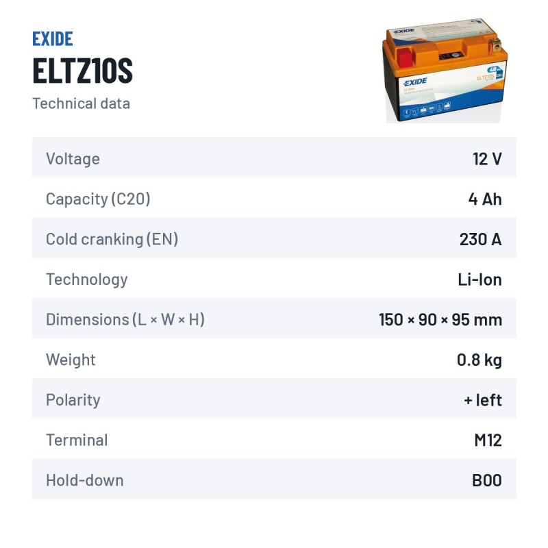 Batería de moto Exide ELTZ10S 12V 4Ah 230A Li-Ion – ficha técnica