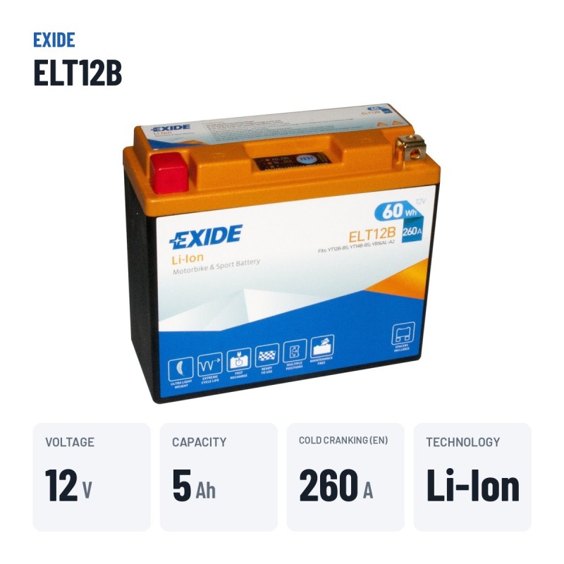 Batterie moto Exide ELT12B 12V 5Ah 260A Li-Ion – caractéristiques clés