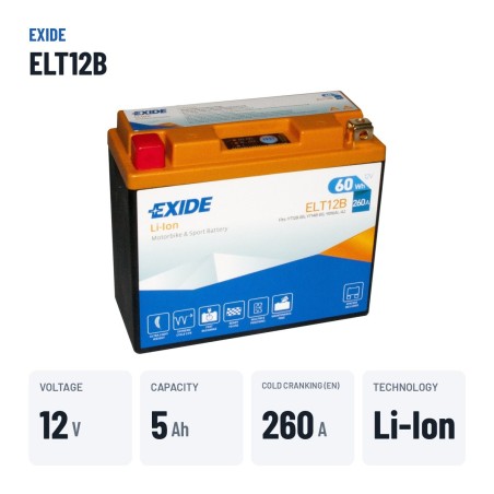 Bateria de mota Exide ELT12B 12V 5Ah 260A Li-Ion – dados principais
