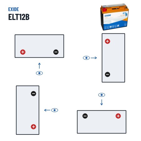 Batterie moto Exide ELT12B 12V 5Ah 260A Li-Ion – polarité (schéma 1, + à gauche)