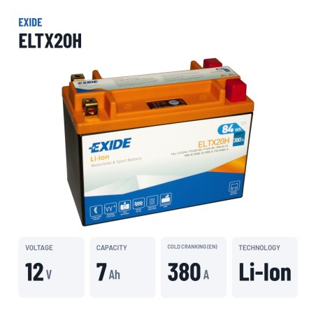 Motorcycle battery Exide ELTX20H 12V 7Ah 380A Li-Ion – key specs
