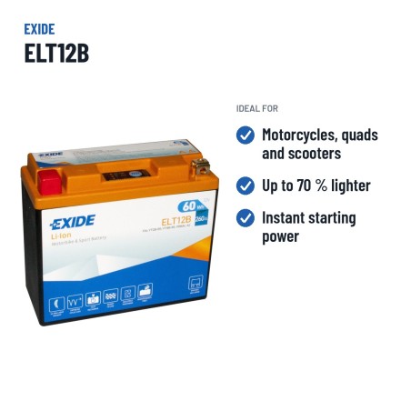 Batterie moto Exide ELT12B 12V 5Ah 260A Li-Ion – utilisations recommandées