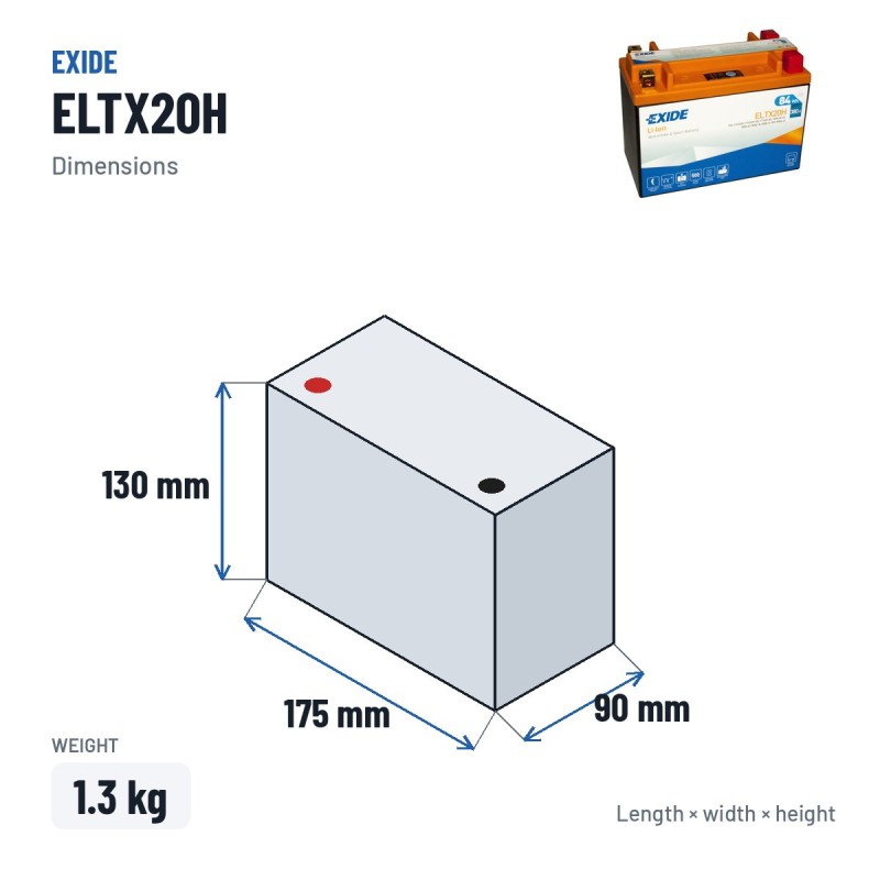 Motorradbatterie Exide ELTX20H 12V 7Ah 380A Li-Ion – Abmessungen 175 × 90 × 130 mm