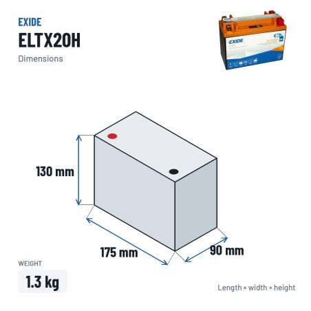 Motorcycle battery Exide ELTX20H 12V 7Ah 380A Li-Ion – dimensions 175 × 90 × 130 mm