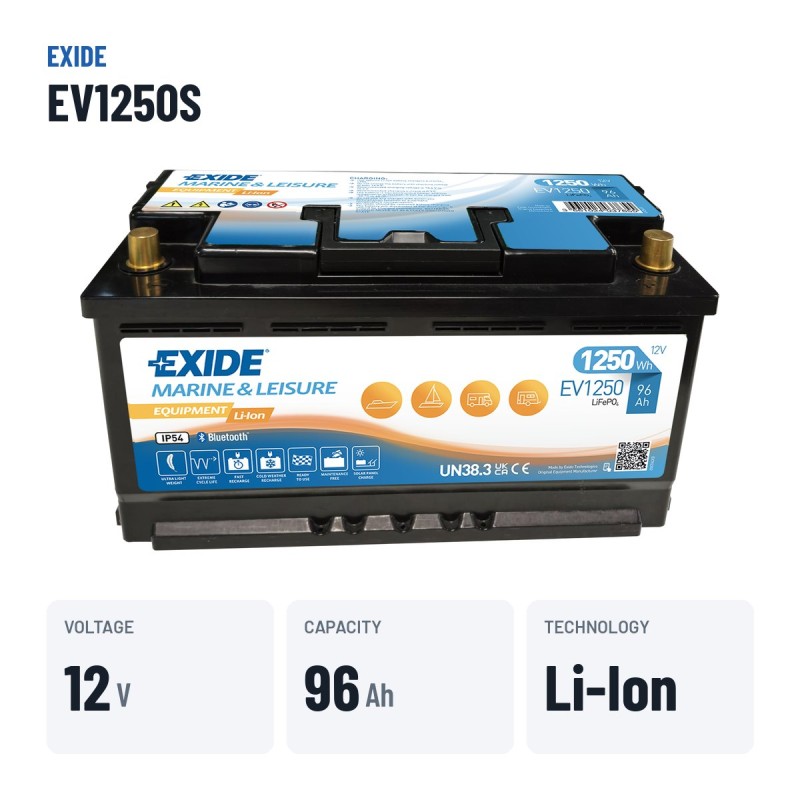 Bateria náutica Exide EV1250 12.8V 96Ah LifePo4 BT – dados principais