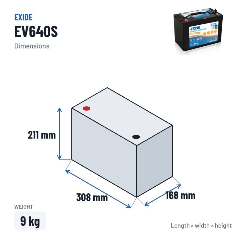 Marine battery Exide EV640 12.8V 50Ah LifePo4 BT – dimensions 308 × 168 × 211 mm
