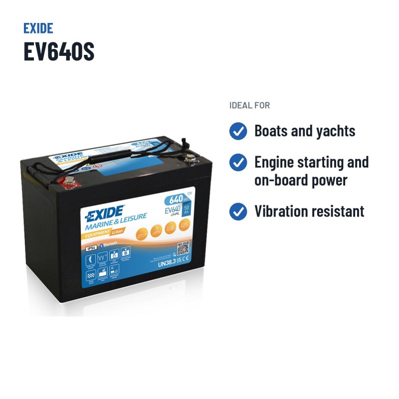 Batterie marine Exide EV640 12.8V 50Ah LifePo4 BT – utilisations recommandées