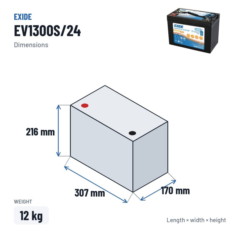 Batteria nautica Exide EV1300/24 25.6V 50Ah LifePo4 BT – dimensioni 307 × 170 × 216 mm
