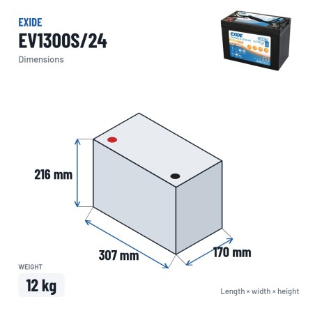 Bateria náutica Exide EV1300/24 25.6V 50Ah LifePo4 BT – medidas 307 × 170 × 216 mm