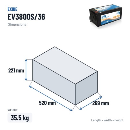 Marine battery Exide EV3800/36 38.4V 100Ah LifePo4 BT – dimensions 520 × 269 × 221 mm