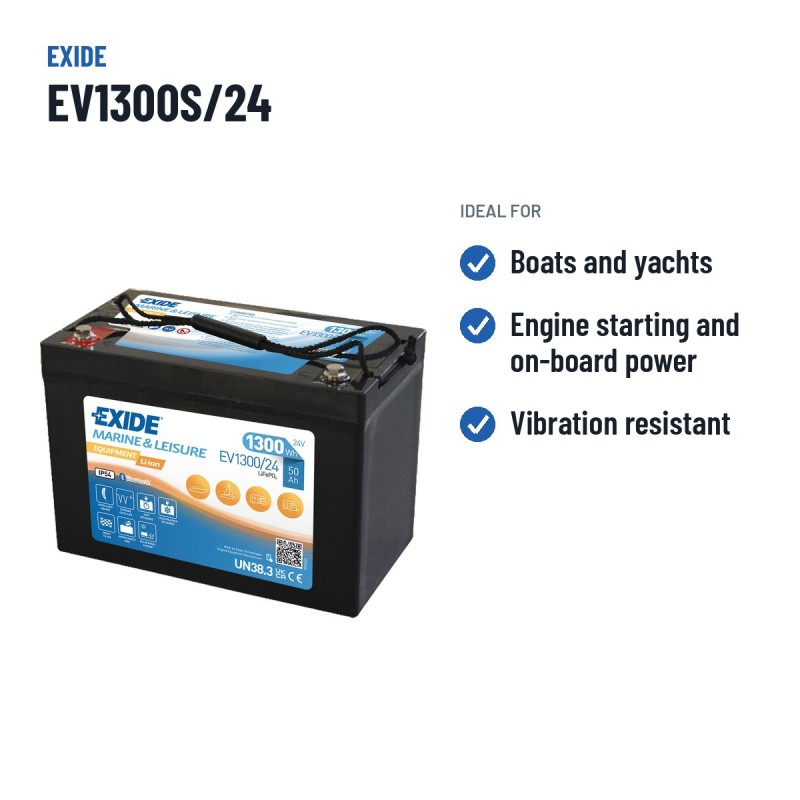 Bateria náutica Exide EV1300/24 25.6V 50Ah LifePo4 BT – utilizações recomendadas