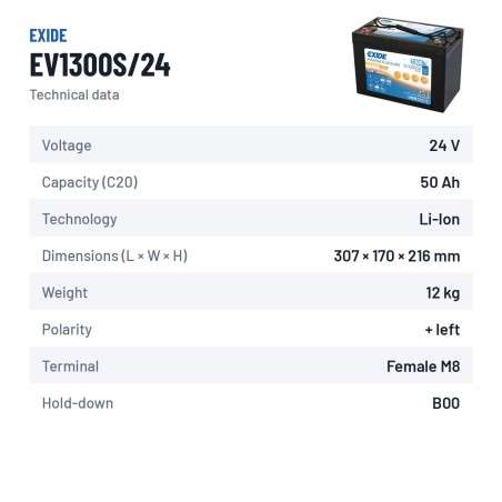 Batteria nautica Exide EV1300/24 25.6V 50Ah LifePo4 BT – scheda tecnica