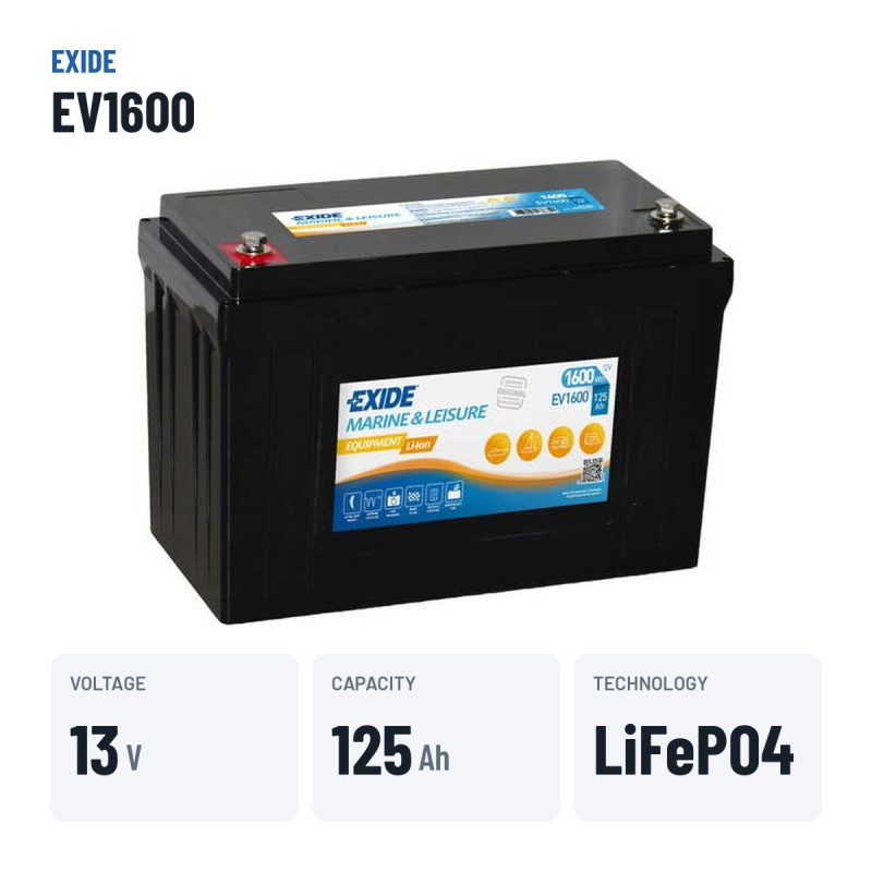Marine battery Exide EV1600 12.8V 125Ah LiFePo4 – key specs