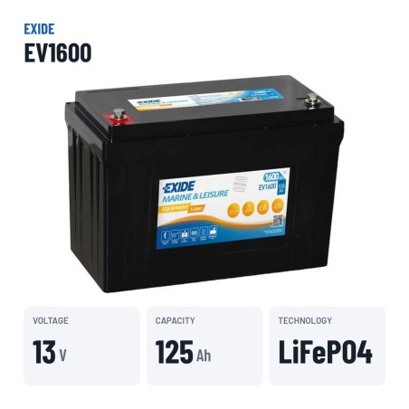 Batería náutica Exide EV1600 12.8V 125Ah LiFePo4 – datos clave