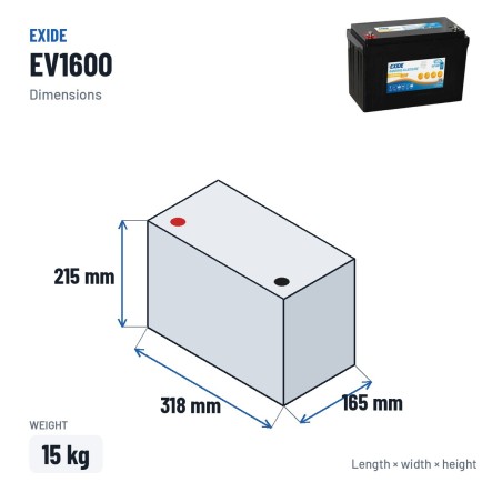 Marine battery Exide EV1600 12.8V 125Ah LiFePo4 – dimensions 318 × 165 × 215 mm