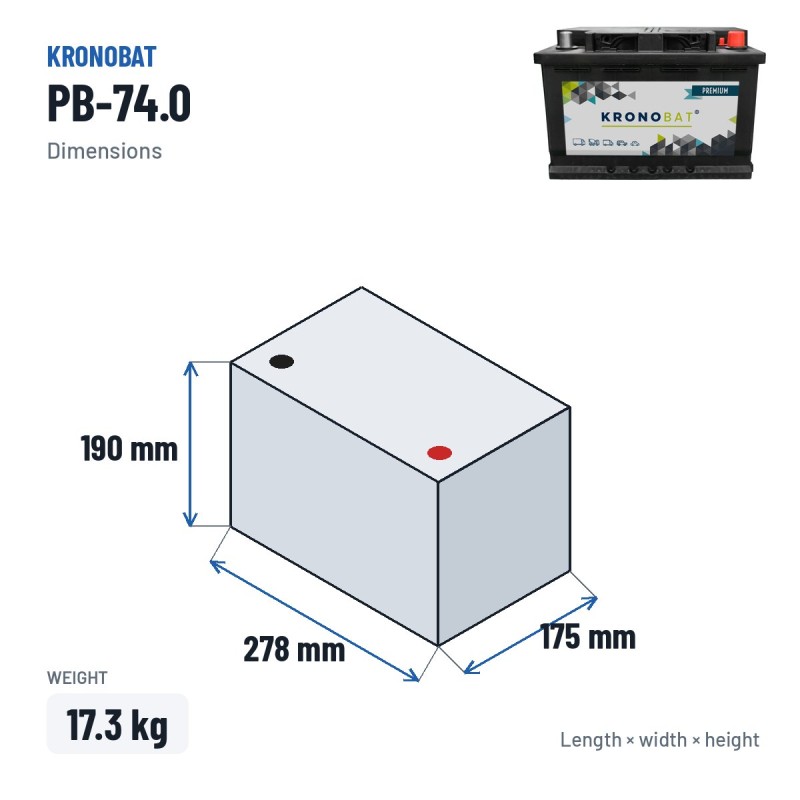 Batteria auto Kronobat PB-74.0 12V 74Ah 680A – dimensioni 278 × 175 × 190 mm