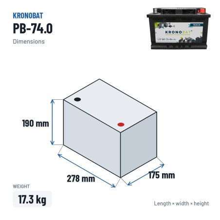 Car battery Kronobat PB-74.0 12V 74Ah 680A – dimensions 278 × 175 × 190 mm