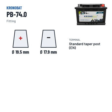 Batteria auto Kronobat PB-74.0 12V 74Ah 680A – terminali e fissaggio