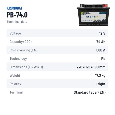 Batteria auto Kronobat PB-74.0 12V 74Ah 680A – scheda tecnica