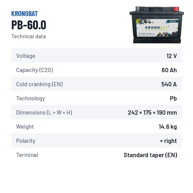 Car battery Kronobat PB-60.0 12V 60Ah 540A – technical data