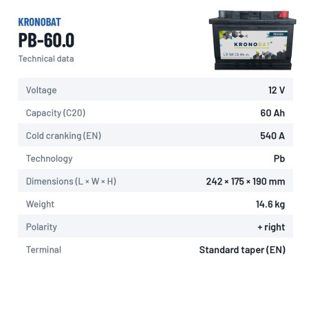 Car battery Kronobat PB-60.0 12V 60Ah 540A – technical data
