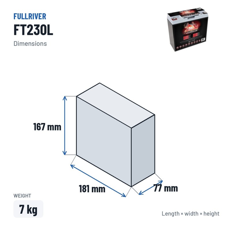 Bootsbatterie Fullriver FT230L 12V 20Ah 230A AGM – Abmessungen 181 × 77 × 167 mm