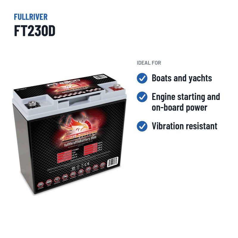 Batterie marine Fullriver FT230D 12V 22Ah 180A AGM – utilisations recommandées
