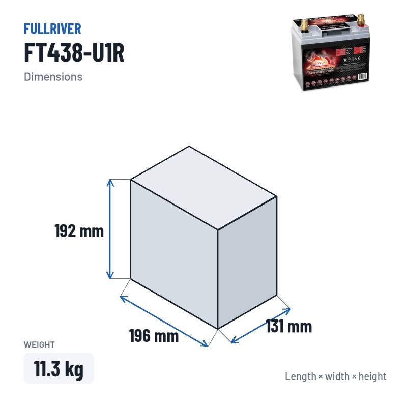 Batterie auxiliaire pour Tesla FT438-U1R 12V 35Ah 438A AGM – dimensions 196 × 131 × 192 mm