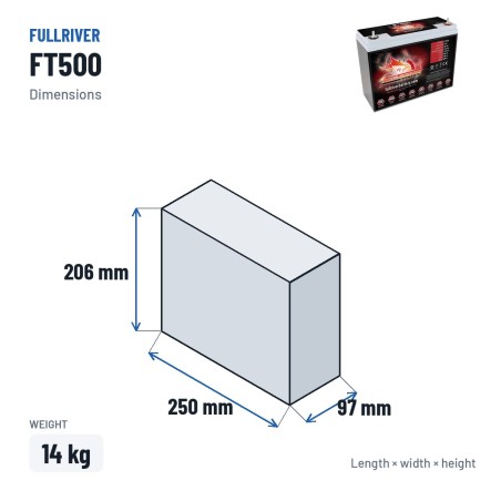 Bootsbatterie Fullriver FT500 12V 40Ah 500A AGM – Abmessungen 250 × 97 × 206 mm