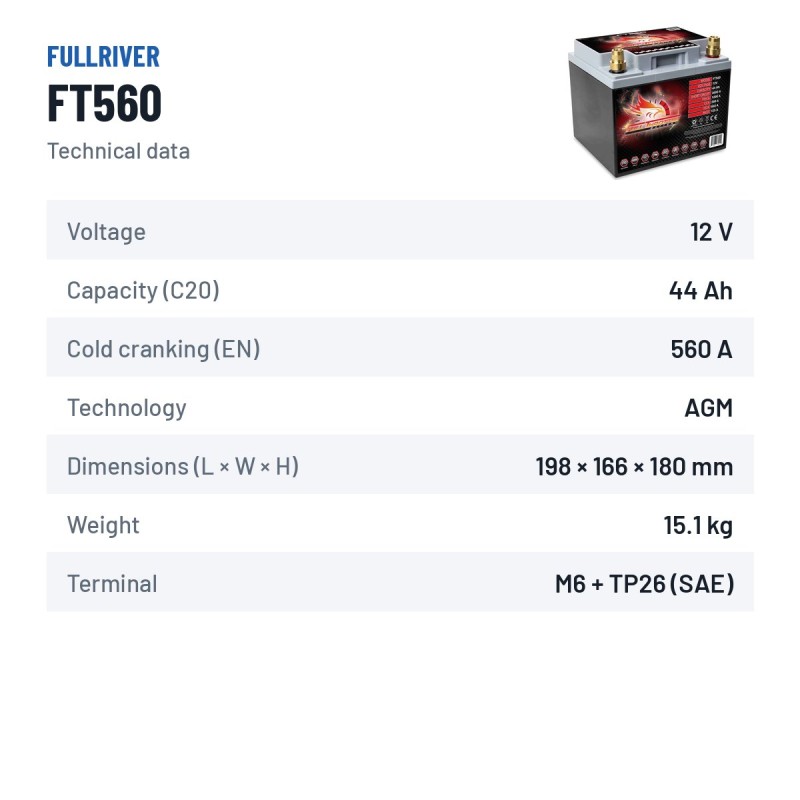 Batería náutica Fullriver FT560 12V 44Ah 560A AGM – ficha técnica