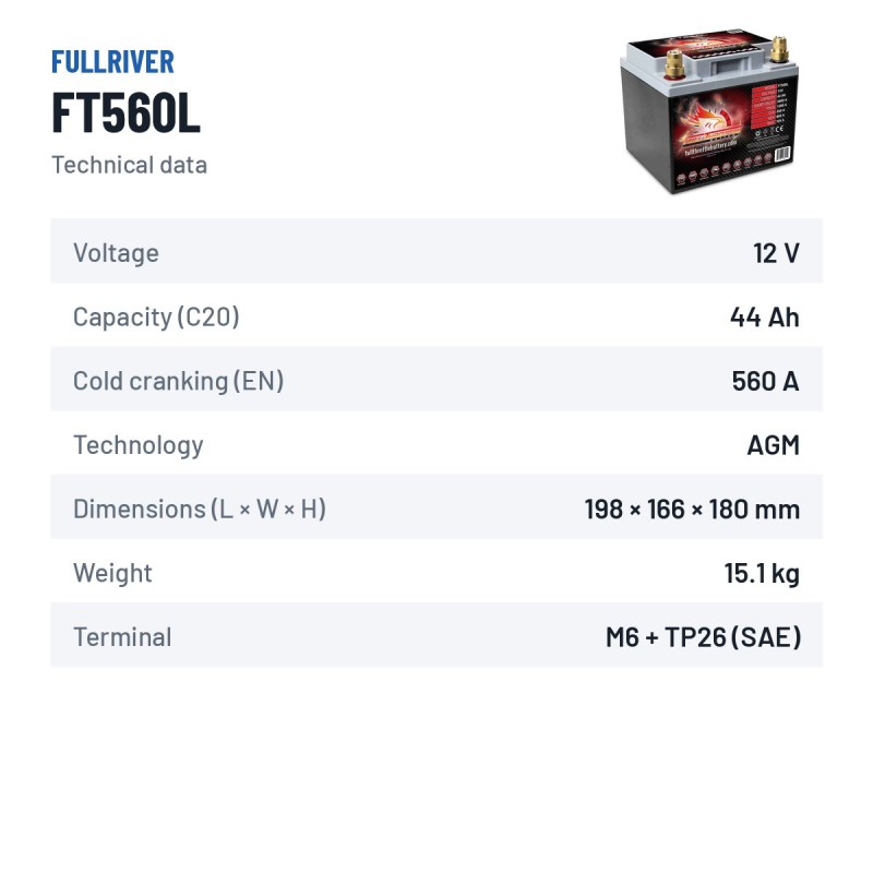 Batería náutica Fullriver FT560L 12V 44Ah 560A AGM – ficha técnica