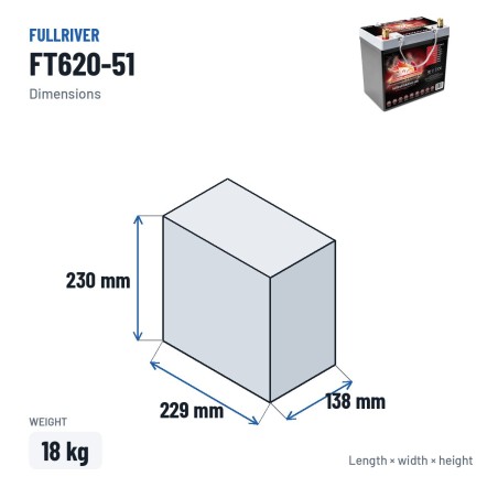 Bootsbatterie Fullriver FT620-51 12V 55Ah 620A AGM – Abmessungen 229 × 138 × 230 mm