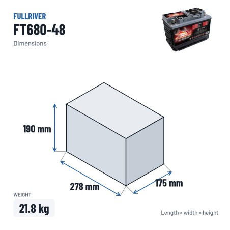 Bootsbatterie Fullriver FT680-48 12V 60Ah 680A AGM – Abmessungen 278 × 175 × 190 mm