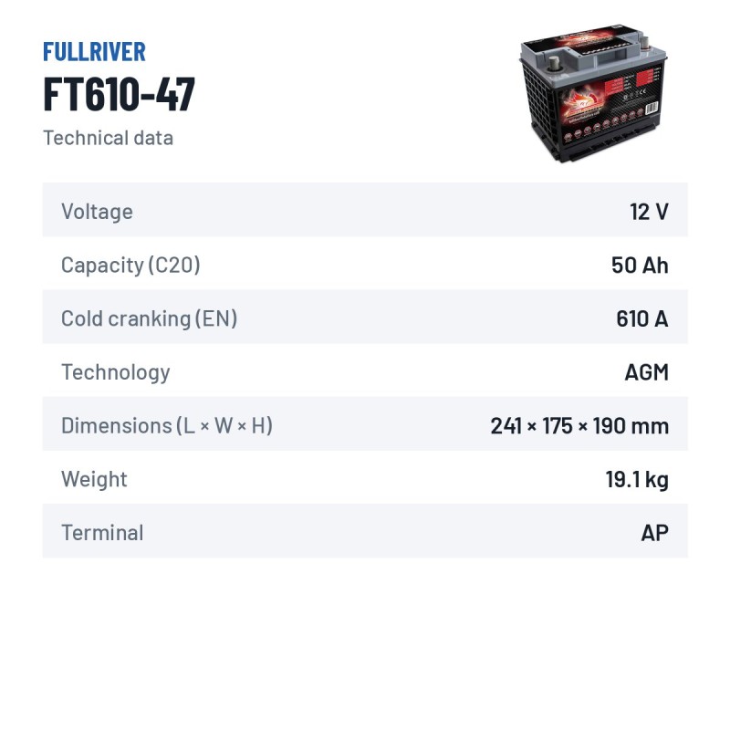 Batterie marine Fullriver FT610-47 12V 50Ah 610A AGM – fiche technique