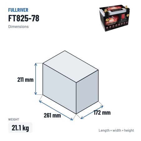Batería náutica Fullriver FT825-78 12V 65Ah 825A AGM – medidas 261 × 172 × 211 mm