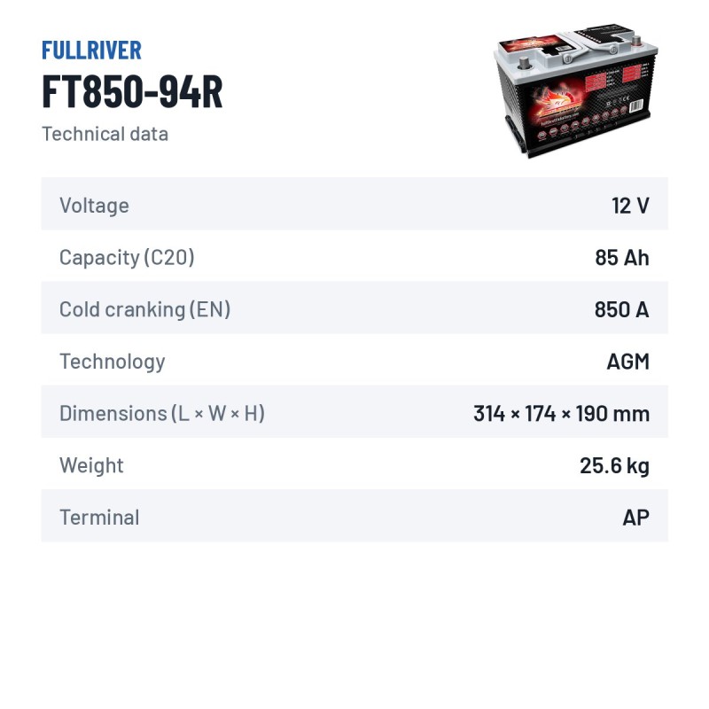 Marine battery Fullriver FT850-94R 12V 85Ah 850A AGM