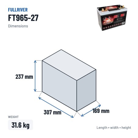 Bateria náutica Fullriver FT965-27 12V 100Ah 965A AGM – medidas 307 × 169 × 237 mm