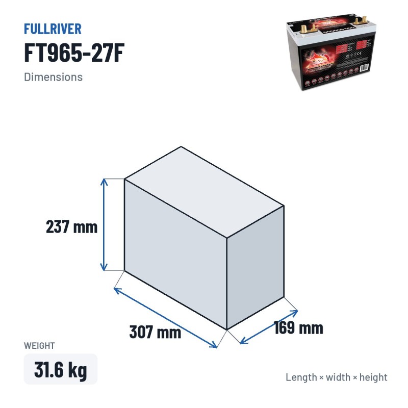 Bateria náutica Fullriver FT965-27F 12V 100Ah 965A AGM – medidas 307 × 169 × 237 mm