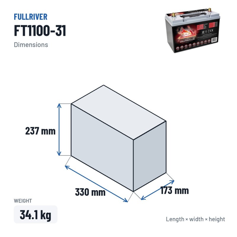 Bateria náutica Fullriver FT1100-31 12V 110Ah 1100A AGM – medidas 330 × 173 × 237 mm