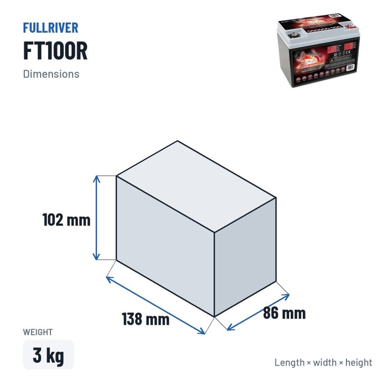 Batería náutica Fullriver FT100R 12V 8Ah 100A AGM – medidas 138 × 86 × 102 mm