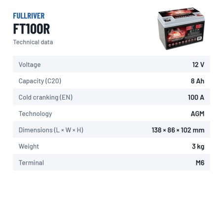 Batería náutica Fullriver FT100R 12V 8Ah 100A AGM – ficha técnica