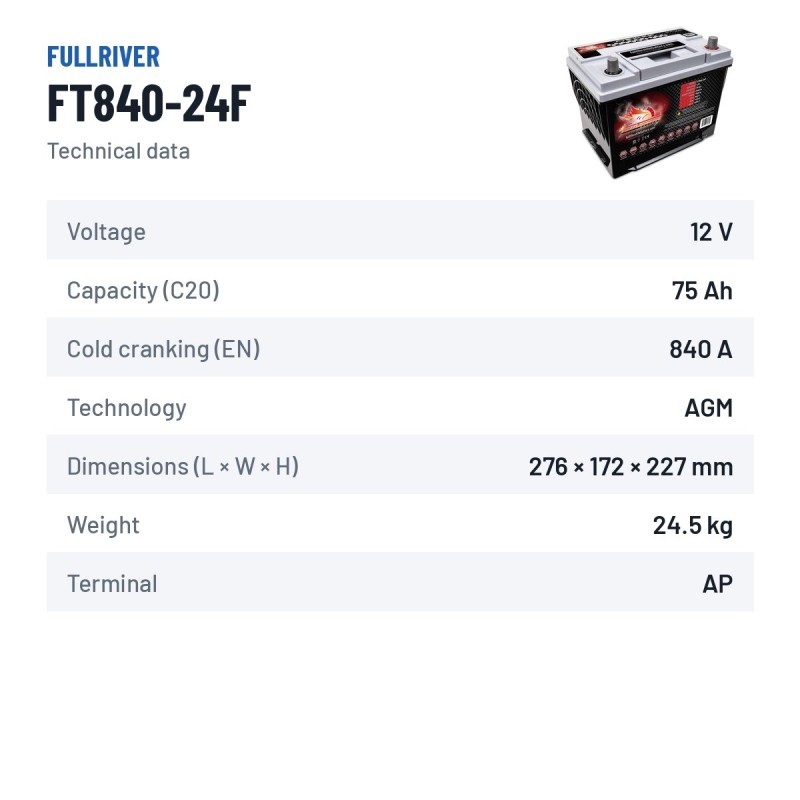 Batterie marine Fullriver FT840-24F 12V 75Ah 840A AGM
