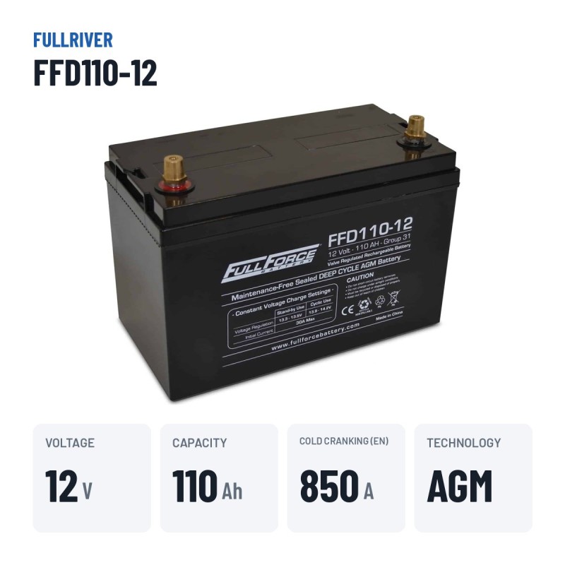 Bateria náutica Fullriver FFD110-12 12V 110Ah 850A AGM – dados principais