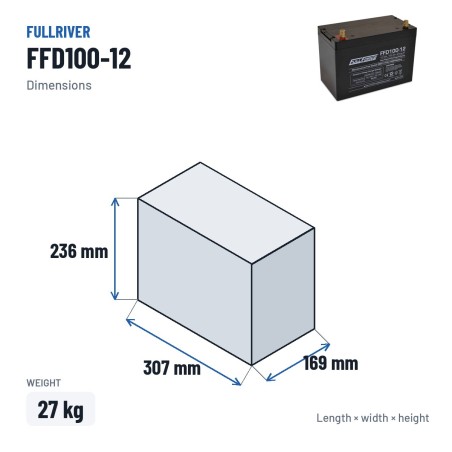 Bootsbatterie Fullriver FFD100-12 12V 100Ah 650A AGM – Abmessungen 307 × 169 × 236 mm