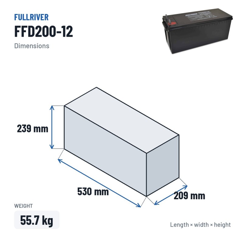 Batería náutica Fullriver FFD200-12 12V 200Ah 1300A AGM – medidas 530 × 209 × 239 mm