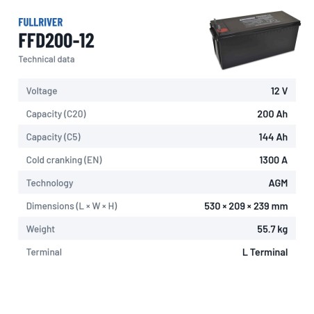 Batterie marine Fullriver FFD200-12 12V 200Ah 1300A AGM – fiche technique