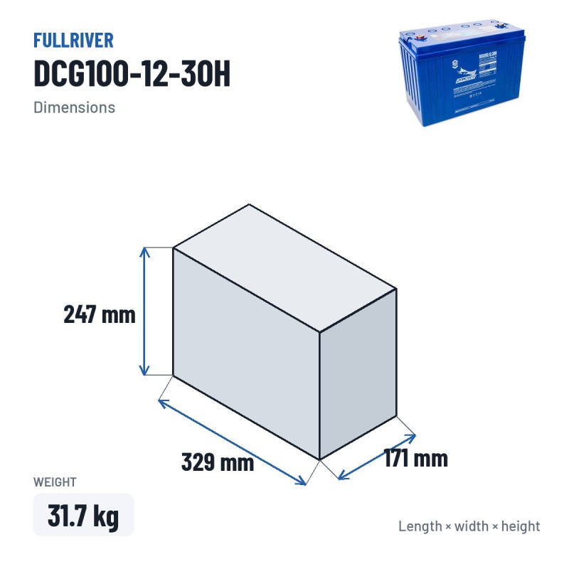 Bateria de caravana Fullriver DCG100-12-30H 12V 100Ah AGM – medidas 329 × 171 × 247 mm