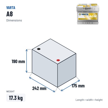 Batterie Start-Stop Varta A8 12V 60Ah 680A AGM – dimensions 242 × 175 × 190 mm